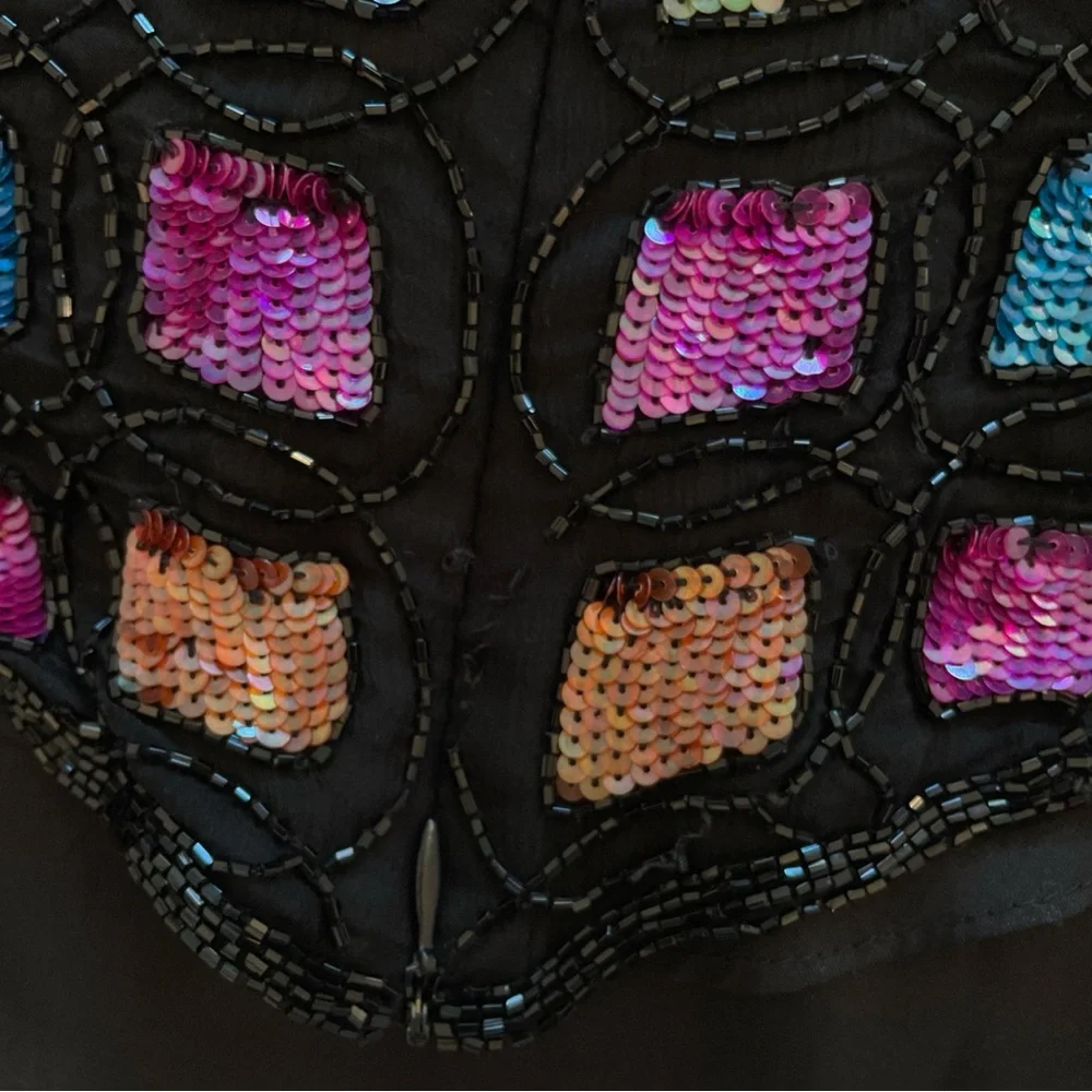 VTG Laurence Kazar Silk Multicolor Sequin Beaded Halter Top Medium 80's - Picture 14 of 15